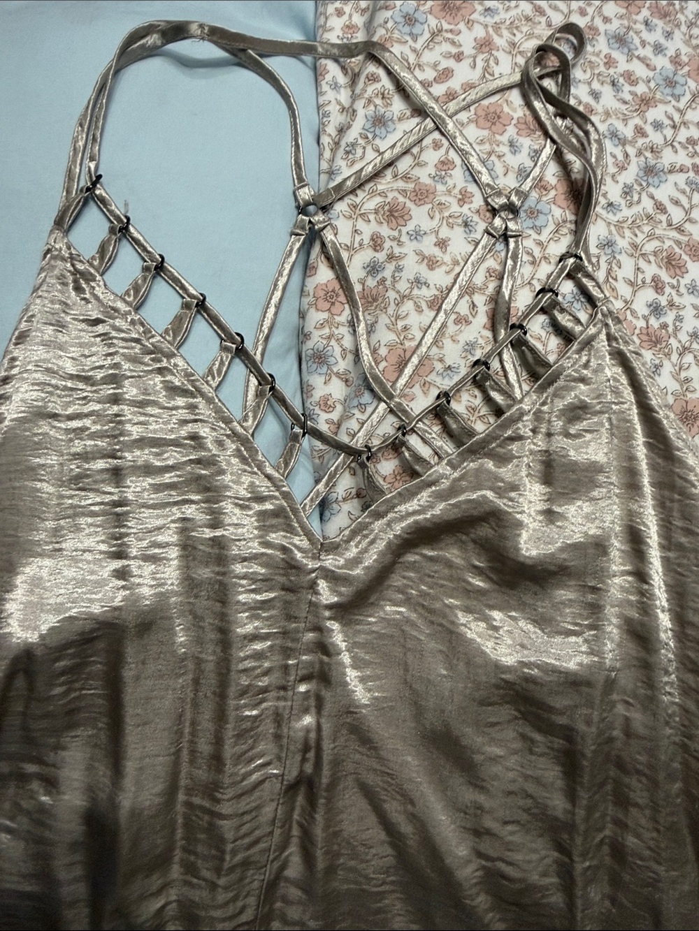 Free People Metallic Taupe Strappy Satin Cami